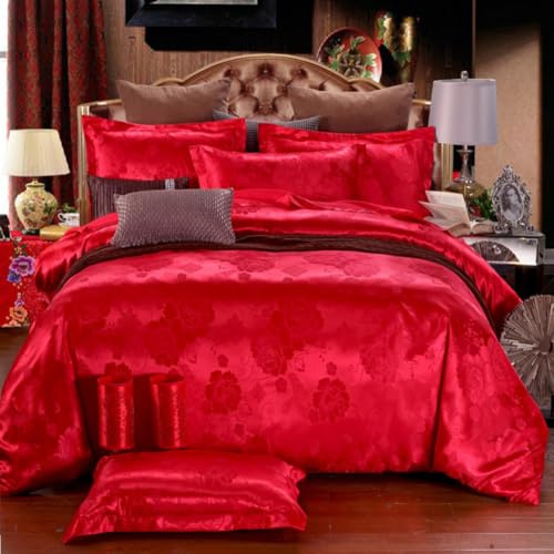 YUURO Satin Silk Duvet Cover Set with Pillowcase,Luxury Embroidery Bedding Set Soft Cozy Bedspread Lightweight Comforter Cover for All Season,Zipper Closure (Red,Single)