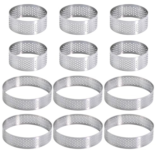 POPAPIE 12 Pièces Cèrcle à Pâtisserie,Cerclès à Tàrtelette,Cercle à Tarte Perforé en 430 Acier Inoxydable,Anneaux Cercle à Tarte,Cèrcle Perforé Patisserie pour Gâteaux Pâtisseries Muffins(5CM,8CM)