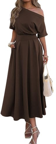 Mieazom Elegant One Shoulder Maxi Dresses for Women Summer Casual Loose Fit Empire Waist Pleated Formal Long Dress with Pockets Vintage Batwing Sleeve A Line Business Dress Brown M