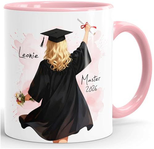 SpecialMe® Kaffee-Tasse Geschenk Master-Abschluss 2026 für Frauen - Geschenkidee Absolventin personalisiert mit Name - Figur anpassbar Keramikbecher Weiss-innen-rosa standard