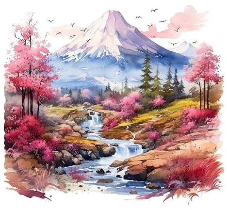 COVPAW Sticker mural motif montagne Fuji avec fleurs de cerisier et ruisseau style japonais 58,4 x 53,3 cm pour salon, chambre à coucher, chambre d'enfant, cuisine, etc. Décoration (Montagne Fuji)