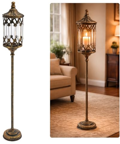 GreenWhim Vintage Floor Candelabra 104x16 cm Antique Gold Iron Candle Holder with Glass Lantern Gothic Rustic Pillar Stand for Home Decor, Wedding, Event Centerpiece