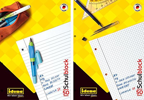 Idena 20 Schulblöcke/Schreibblöcke Mix je 10x liniert | kariert DIN A4 / 50 Blatt je Block (20er Packung, Schulblock | Mix)