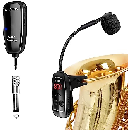 XIAOKOA Microfono Senza Fili per Sassofono,UHF Wireless Microphone per Strumenti Musicali,Ricevitore e Trasmettitore Senza fili per Sassofono/Tromba/Trombone/Clarinetto