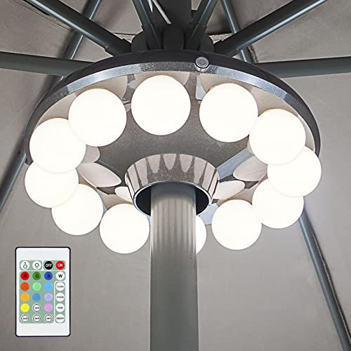 HONGUT Patio Umbrella Light, 3xD Battery Operated Umbrella Pole Light with Remote 80Ft Through Wall, 12 Bulb 60 LEDs, 4 Modes, 12 Color Changing Outdoor Camping Light with Hanging Ring for Umbrella