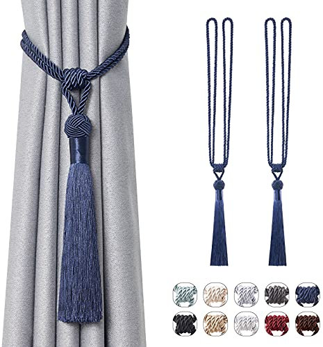 Pretty Jolly 2 Pack Long Tassel Curtain Tiebacks Handmade Braided Rope Knot Drape Tie Backs European Style Decorative Curtain Holdbacks for Home & Office Window Drapery (Dark Blue)