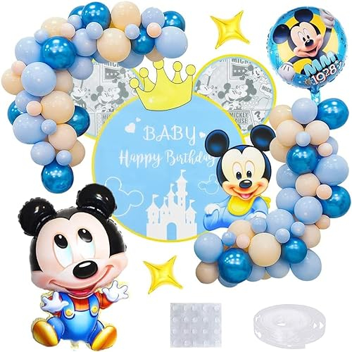 52 PCS Décoration Fête Set, Mickey Fournitures D'anniversaire Thème Ballons Affiche Grand Ballon Mickey Ballon Latex Convient pour Décoration Thème Mickey