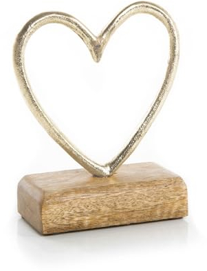 Logbuch-Verlag Figura decorativa corazón de metal dorado sobre base de madera natural de mango 13 cm - figura decoración mesa dulce boda