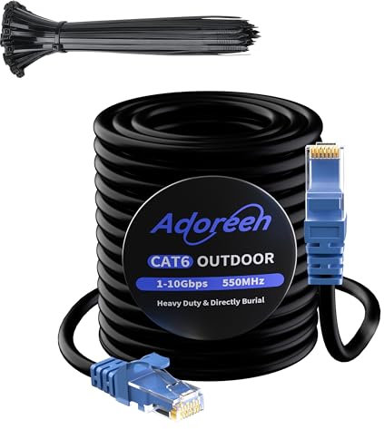 Adoreen 91,4 m Cat6 Ethernet-kabel för utomhusbruk, robust kabel (7,6 m till 91,4 m), vattentät och direkt nedgrävning, inomhus, PoE Cat5e Cat5 LAN RJ45, PE-belagd