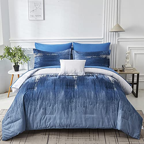 Dinjoy Juego de edredón Azul Degradado, tamaño King, Reversible, Degradado, Azul, Gris, Bohemio, para Hombres y Mujeres, Juego de Cama Bohemio de 8 Piezas en una Bolsa con edredón, sábanas, Fundas de