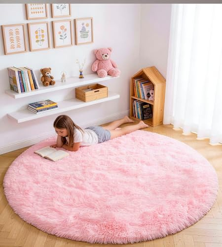 MARATIP Teppich Rund Schlafzimmer 120 cm Rosa Wohnzimmerteppich Hochflor-Teppich Waschbarer rutschfest Weicher Flauschige Modern