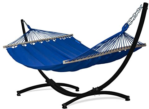 Potenza Outdoor Stabhängematte Hängematte mit Gestell für 2 Personen 370 cm I 100% Baumwolle Merida Doppelhängematte XXL 215x160, 200kg I Hängemattengestell 220kg, wetterfest, Colore Blau