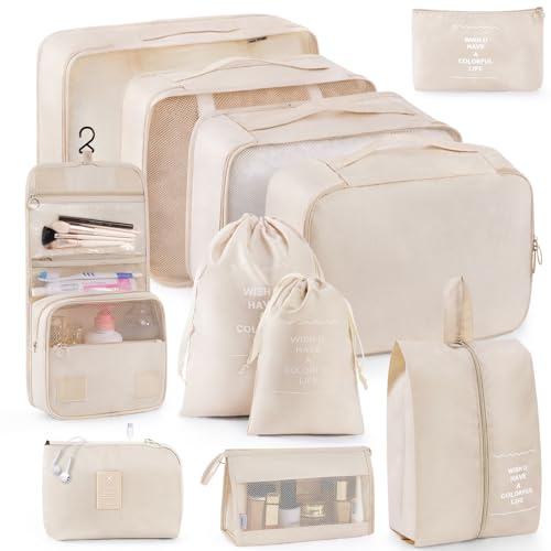 Packwürfel für Koffer, 11 Stück, Gepäck-Organizer, Reiseutensilien, Gepäck-Organizer, Haken, Kulturbeutel, Kosmetiktasche und Schuhtasche, Beige