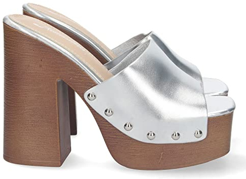 shoes&blues.es 72501 Sandalia de Tacon y Plataforma, para Mujer, Comoda, Material de Imitacion a Madera, Pala Simple con Remaches, y Talon Abierto Plata Talla 39