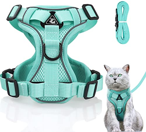 Justerbart kattsele som är säkert att gå sönder, kattsele med koppel, mjuk sele för katt, bröstsele för katter, kattungar, hundar, valpar (mintgrön, -S)
