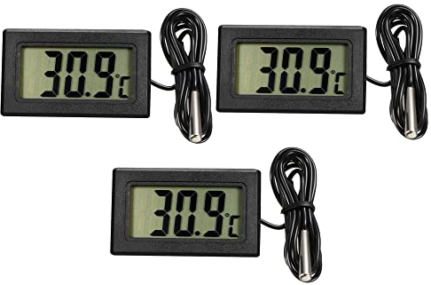 YOKIVE 3 Pcs Digital Display Thermometer, -50-110C Waterproof Temperature Monitor with External Probe, Great for Freezer, Refrigerator (Black, 48x29mm)