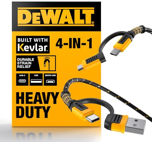 DEWALT Câble 4 en 1 robuste, type C/micro USB/USB pour iPhone 16, iPhone 15, chargeur iPad USB C, Huawei, HTC, LG, Samsung Galaxy, smartphones Android, iPad Pro, chargement Micro C (1,8 m, noir)