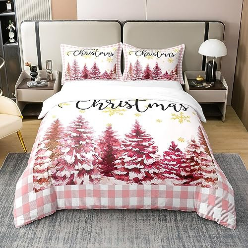 Xmas 100% Cotton Duvet Cover Single Size Girls Cute Kawaii Bedding Set Pink Christmas Tree Comforter Cover Geometric Lattice Buffalo Golden Snowflake Bed Sets with 1 Pillowcase
