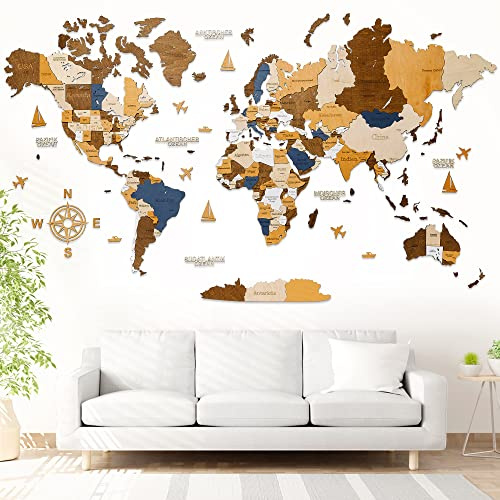 WOW WOOD Mapa del mundo de madera en italiano – Decoración mural de alta calidad | Montaje en pared sin herramientas | Idea regalo para cualquier ocasión (113,00 x 213,00 cm, multicolor)