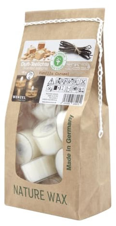 Wenzel Teelichter Duftkerze – 18 Duftteelichter Vanilla Caramel Duft - 7 h Brenndauer - 100% Naturwachs, Palmölfrei, Ohne Alu – Raumduft & Deko-Kerzen für Zuhause, Bar, Restaurant, Outdoor, Events