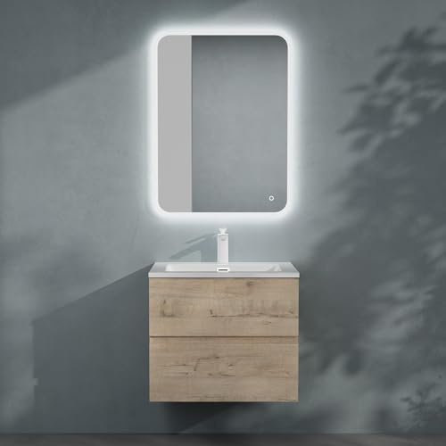doporro Badmöbel-Set Waschbecken-Unterschrank mit LED-Spiegel Badezimmer | Wandhängendes Badmöbel-Set mit Mineralguss-Waschbecken, LED-Spiegel – pflegeleicht 80x48x50cm in Eiche Greige Aqualis