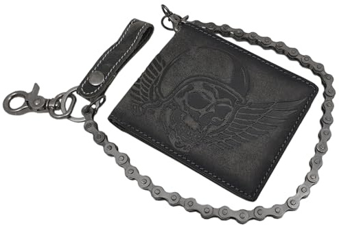 myledershop Büffel-Vollleder Geldbörse (Modell 2 / Querformat/Vintage-Grau) | RFID & NFC Schutz, Totenkopf-Motiv, Geldbeutel, Portemonnaie, Geldtasche
