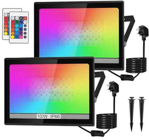 NATPOW LED Floodlight Outdoor, Flood Lights Colour Changing, 100W Floodlights with Remote Control 15 Colours - Warm White, IP66 Garden Wall Light for Landscap, Stage Hallowen Decoration(2 Pack)