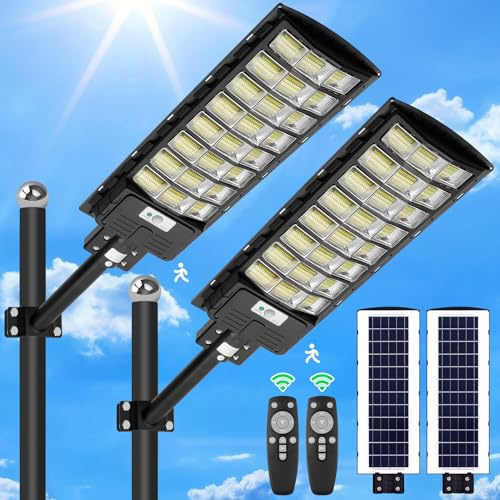 Viugreum Lot de 2 lampadaires solaires d'extérieur 800 W avec capteur de mouvement et télécommande, IP65 étanche, 6 500 K Spot pour stationnement jardin