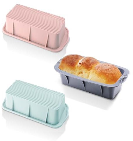 TOKSEO 3 Pièces Moules à Pain en Silicone, Rectangulaire Moule à Cake, 25.5 x 13x 6.5 cm Antiadhésif Moule a Cake Silicone pour Pains Faits Maison, Toasts, Gateaux (Gris, Bleu, Rose)