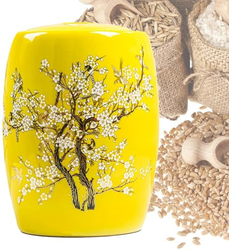 Ceramic Rice Storage Container 5KG/10KG/15KG/25KG Airtight Rice Dispenser with Lid Cereal Containers Large Rice Jar for Rice Noodles Snacks(Yellow,5KG)