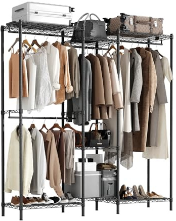 Roomark Kleiderständer, Kleiderstange mit 4 Hängefächer, Freistehend Kleiderschrank mit 7 Einlegeböden, 240KG Belastung Garderobe & Garderobenständer für Schlafzimmer, 196x170x36 CM (Schwarz)