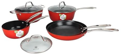 LAGUIOLE, Batería de Cocina Ligera de Hierro Fundido 9 Piezas, Óptima Conservación del Calor, Antiadherente,Todos los Fuegos Inducción, 100% Hierro Fundido, Rojo, Ollas 16-18cm, Sartenes 24-28cm, Rojo