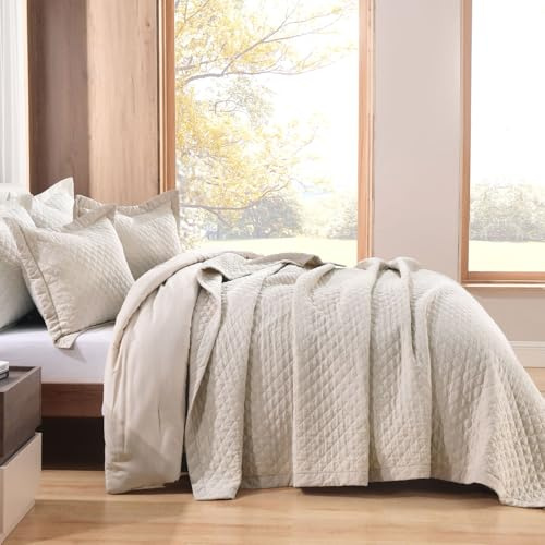 Grassix Linen Quilt Set Queen Size 3-Piece, 100% Linen Front & Cotton Back, Prewashed Diamond Stitch Bedspread with 2 Shams, Lightweight Breathable Quilt for Hot Sleepers, Modern Farmhouse Bedding