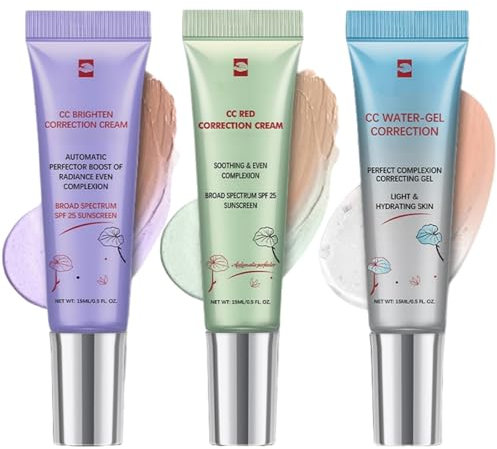 3PCS Color Correcting CC Cream with Centella Asia/tica,CC Cream Foundation,Lightweight Skin Perfector Tinted Moisturiser,Covering Corrector Invisible Pores Face Concealer,Colour Changing Foundation