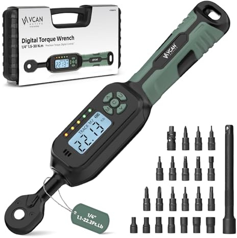 1/4 Digital Torque Wrench (1.1-22.2 ft Lb) ± 2% Accuracy 1/4 Drive Digital Torque Wrench with Buzzer and LED Flash Track Mode, Torque Wrench Set with Bits