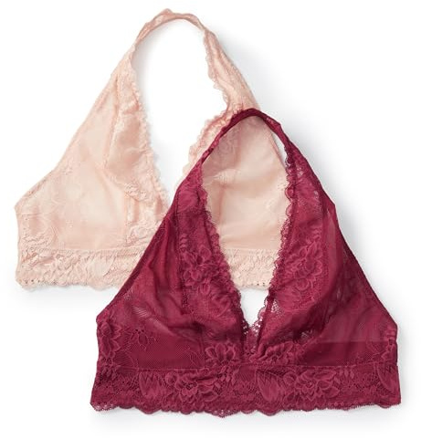 Amazon Essentials Women's Non-Padded Wireless Deep V-Neck Halter Bralette, Soft Stretch Lace, Pack of 2, Soft Petal / Burgundy, XX-Large