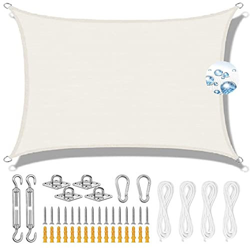 Voile d'ombrage carré imperméable 2 x 7 m - Bloque 95 % des UV - Avec kit de fixation - Pour extérieur, jardin, terrasse, fête, garage - Polyester polyéthylène durable - Blanc
