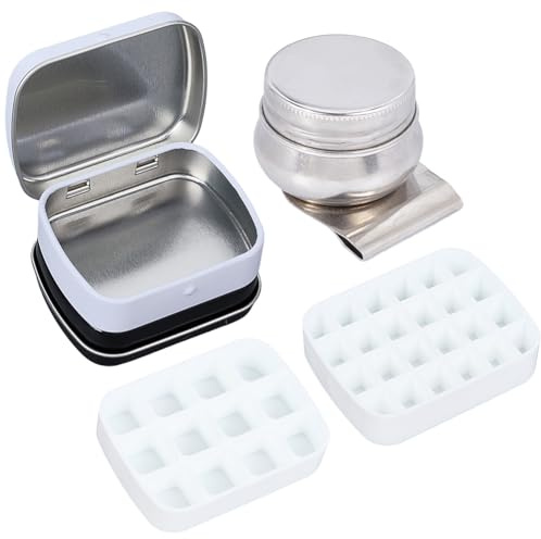 SOFPLATE Juego de Mini Paletas de Acuarela de 1 y 12 Compartimentos Caja de Almacenamiento de Pintura de Metal Recipiente de Agua Vacío Blanco Y Negro con Bandejas de Clip Pequeño Kit de Pintura para