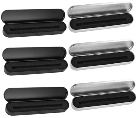 HOODANCOS Metal Pencil Case Set 6pcs Small Pen Storage Box with Lid, Silver and Black Rectangular Tinplate Pen Holder for Students and Office Stationery Organization