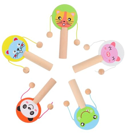 Kisangel 5 Piezas de Sonajeros de Madera para Bebés Dibujos Animados, Juguetes de Educación Temprana Cómodos para Desarrollo de Voz en Fiestas y Baby Showers Varios estilos