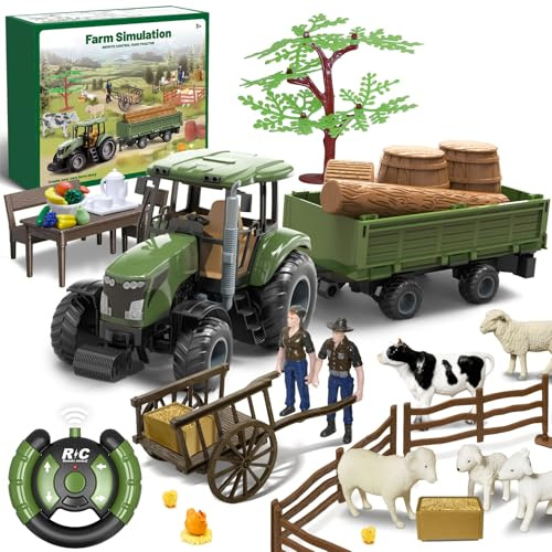 Trattore telecomandato RC con rimorchio, set fattoria con animali e personaggi, controllo 2.4GHz e 2 batterie , trattore giocattolo per bambini da 3 anni, regalo divertente per compleanno o festività