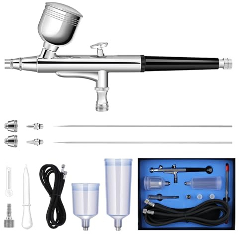 Magicrose Airbrush Kit, 0.3mm Dual-Action Air Brush Gun Extra 0.2mm & 0.5mm Nozzles/Needles/Caps and 3 Cups (7cc, 20cc, 40cc),6 ft Hose for For Model Painting,Nail,Nail,Craft,Cake Decoration,Makeup,Ar