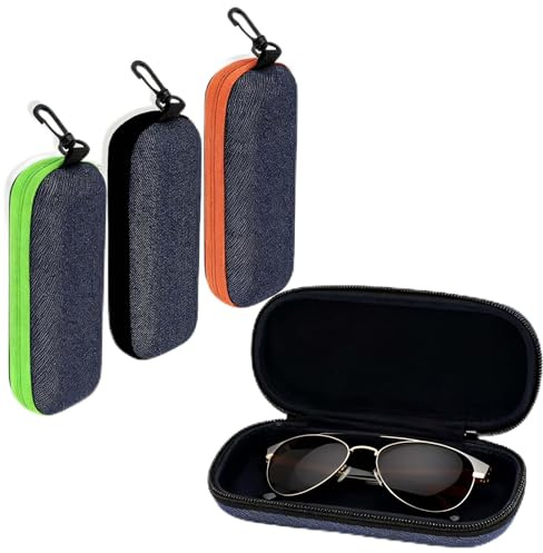 Miaherry 3 Stück Brillenetuis aus Denim Stoff, Harte Brillenetui Reise Brillentasche mit Reißverschluss, Modisches Denim Brillenaufbewahrung für Damen Herren