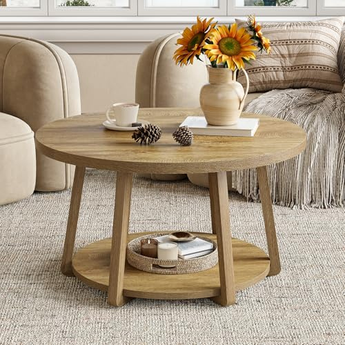 Tribesigns 80 cm Tavolino Rotondo Con Contenitore, Tavolino da Salotto a 2 Ripiani Con Gambe in Legno, Facile da Montare, Per Soggiorno, Spazi Ridotti, Casa - Rovere