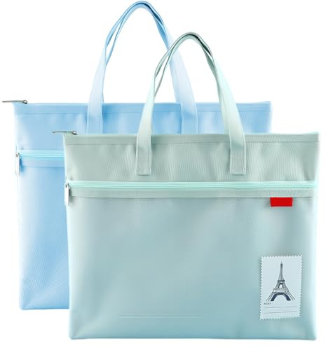 TIHNY A4 Document Bag 2PCS - Foldable Nylon File Pockets with Handle, Waterproof Mesh Zipper Pouch (13.7x11 Inch) for Office/Travel/School, Blue+Green Double-Layer Organizer