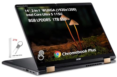 acer Chromebook 2-in-1 Plus Spin 714 con Google AI, 14 WUXGA IPS Touch, Intel Core Ultra 5 115U, SSD da 8 GB LPDDR5 1 TB, KB Wi-Fi6E Bluetooth Chrome OS, grigio acciaio, con unità USB da 2 TB, W