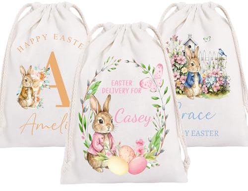 Personalised Easter Gift Bags, Customized Name Easter Bunny Bags for Egg Hunt With Initial Name,Extra Large Easter Tote Bag with Drawstring,Festive Easter Decorations For Kids Girls Boys