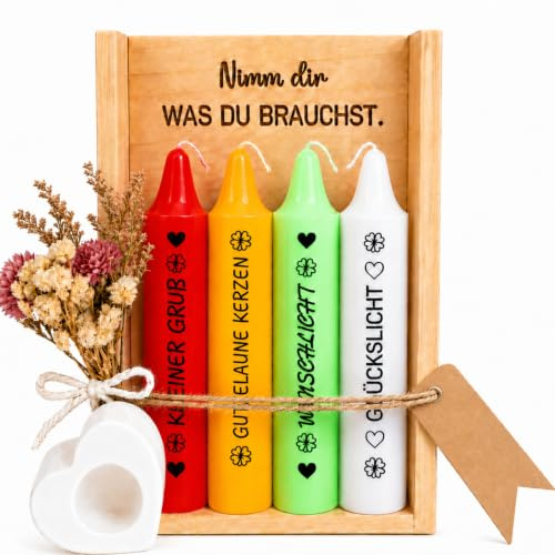 Kerzen Geschenkset mit Kerzenständer, Geschenke für Frauen, Geburtstagsgeschenk für Freundin, Mama, Oma und Schwester, Kerzen mit Spruch Geschenk, Deko Kerzen Set mit Holzbox und Trockenblumen