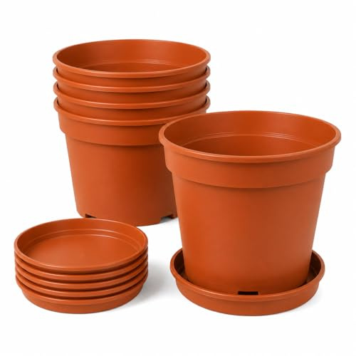 Muddy Hands Pack of 5 10 Litre Terracotta Plant Pots with 5 x 25cm Saucers Heavy Duty Recycled Plastic Garden Flower Pots Outdoor Indoor Planters with Drainage Holes & Water Drip Trays 28.5cm x 22cm