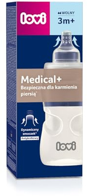 LOVI Biberón anticólicos Medical+, 3+ meses, 250 ml, Flujo lento, Biberón con tetina de silicona suave y flexible, Apto para alimentación mixta, Transparente